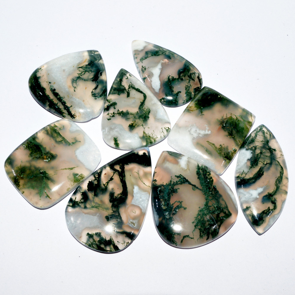 Image of 8 Pcs 300 Cts Natural Green Moss Agate Cabochon Mixed Shapes And Sizes Bohemian Jewelry Pendant Making Gemstone Lot 39x24 26x23mm #16667