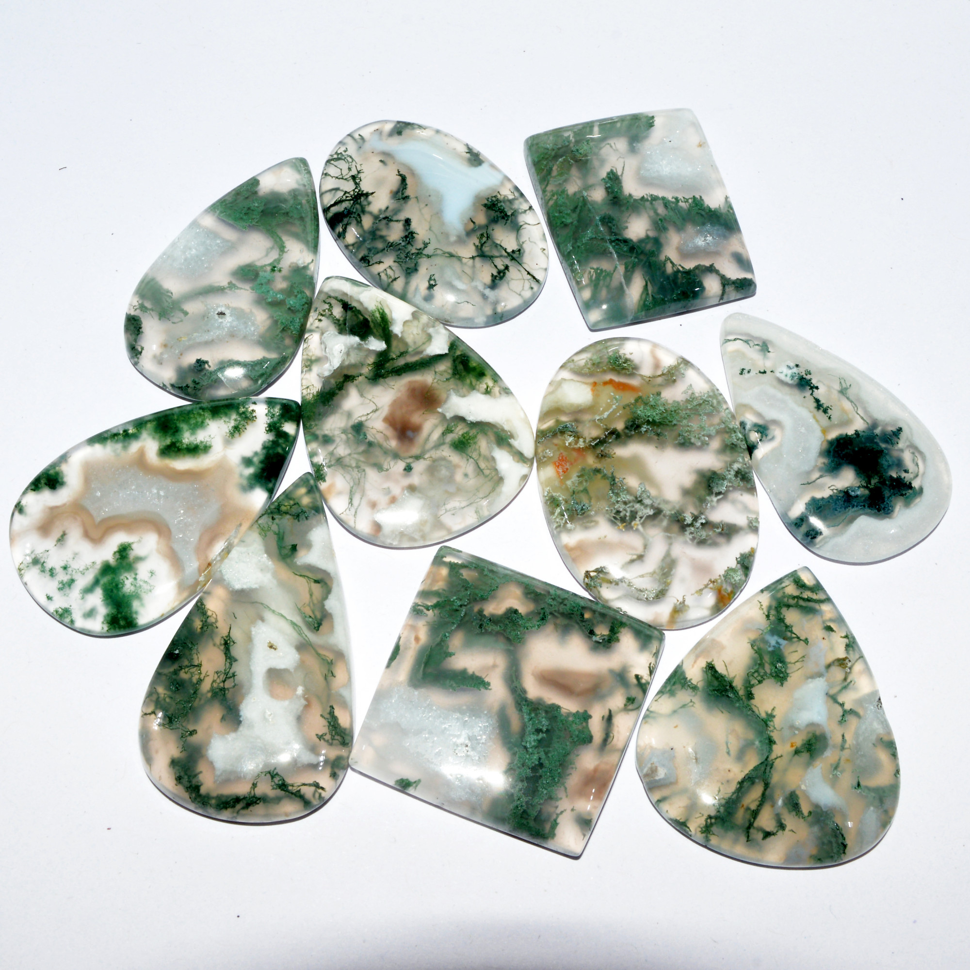 10 Pcs 352 Cts Natural Green Moss Agate Cabochon Mixed Shapes And Sizes Bohemian Jewelry Pendant Making Gemstone Lot 32x25 26x20mm 16668