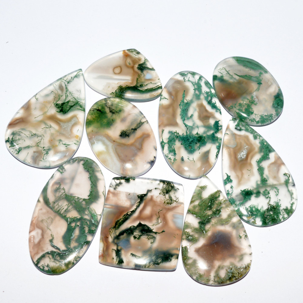 Image of 9 Pcs 305 Cts Natural Green Moss Agate Cabochon Mixed Shapes And Sizes Bohemian Jewelry Pendant Making Gemstone Lot 40x25 30x20mm #16669