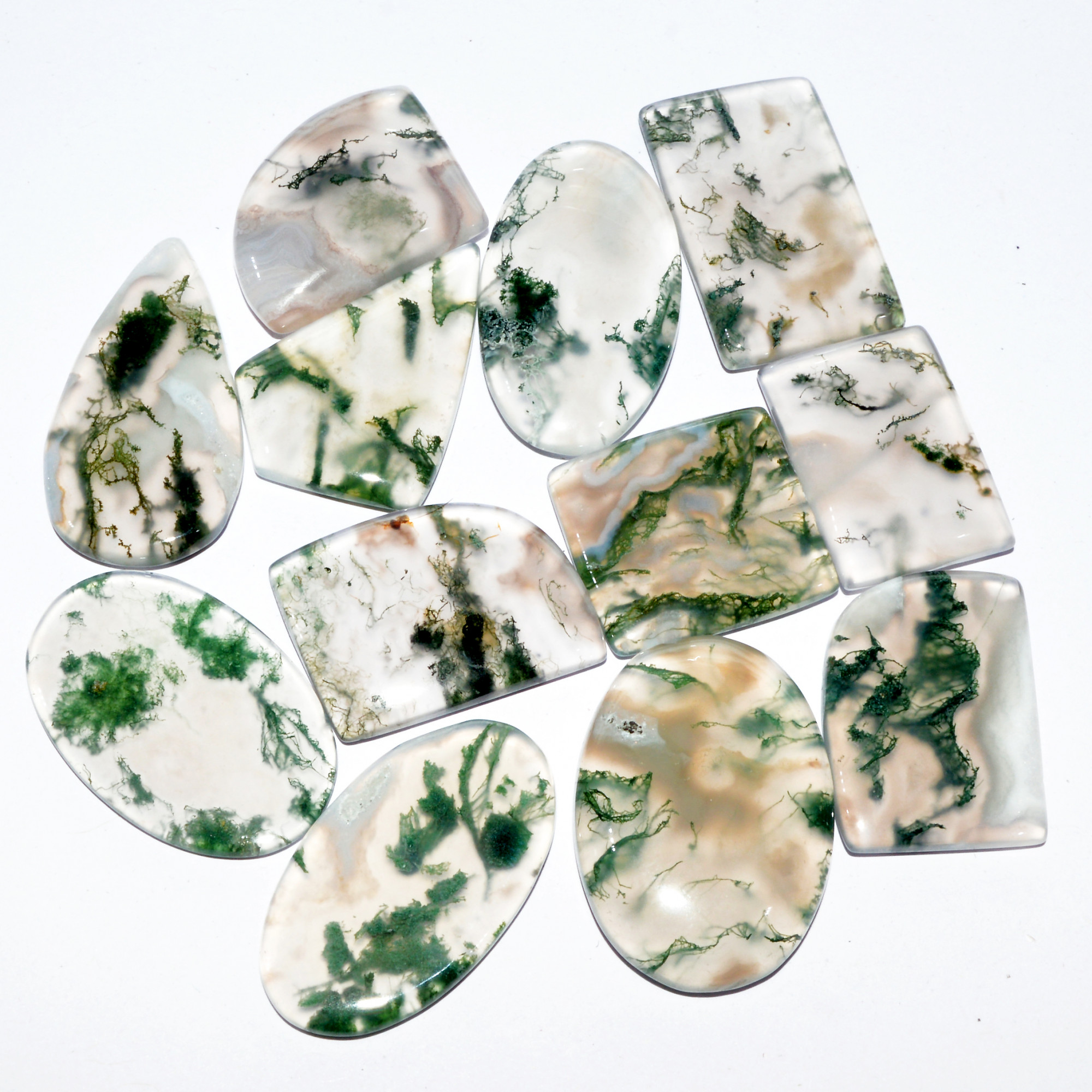 12 Pcs 197 Cts Natural Green Moss Agate Cabochon Loose Gemstone Healing Crystal Craft Supplies For Silver Jewelry 30x15 20x14mm 16670