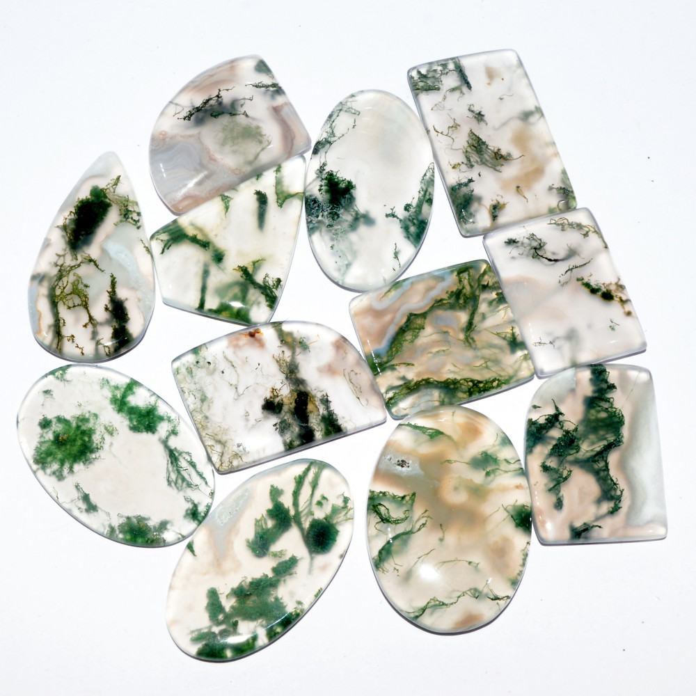 Image of 12 Pcs 197 Cts Natural Green Moss Agate Cabochon Loose Gemstone Healing Crystal Craft Supplies For Silver Jewelry 30x15 20x14mm #16670