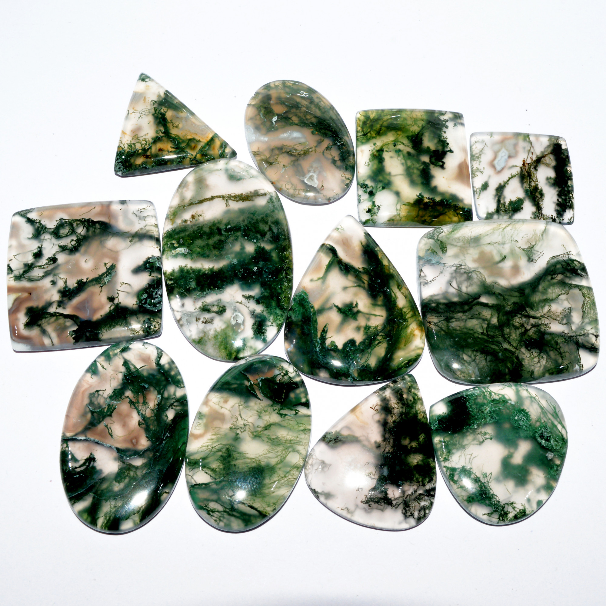 12 Pcs 396 Cts Natural Green Moss Agate Cabochon Loose Gemstone Healing Crystal Craft Supplies For Silver Jewelry 33x33 20x20mm 16673