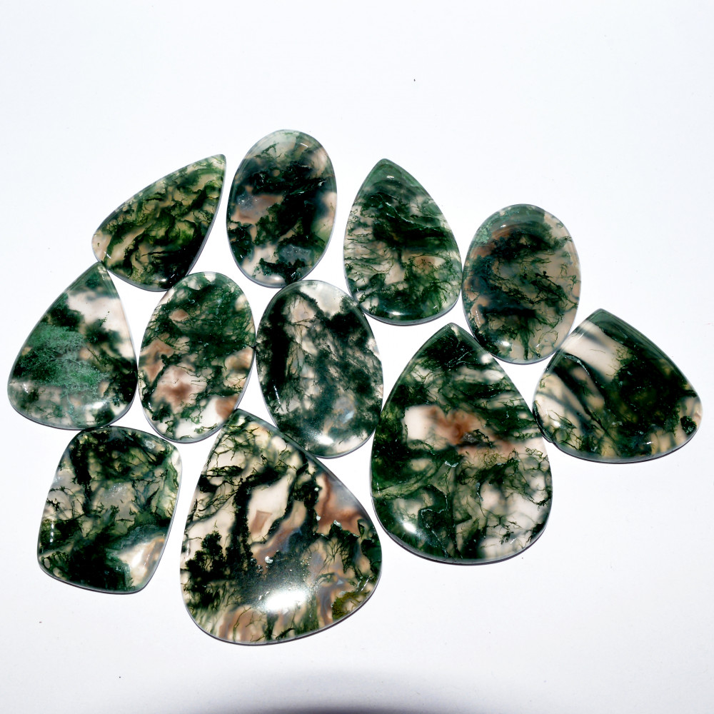Image of 11 Pcs 402 Cts Natural Green Moss Agate Cabochon Loose Gemstone Healing Crystal Craft Supplies For Silver Jewelry 45x30 27x20mm #16674