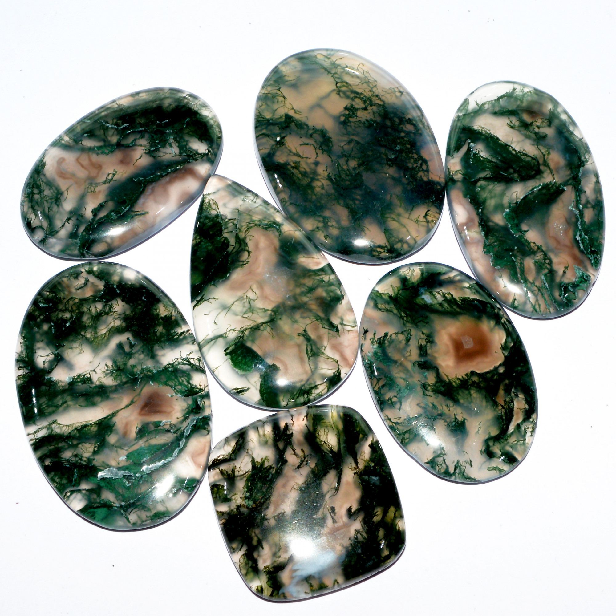 7 Pcs 300 Cts Natural Green Moss Agate Cabochon Loose Gemstone Healing Crystal Craft Supplies For Silver Jewelry 40x24 25x24mm 16676