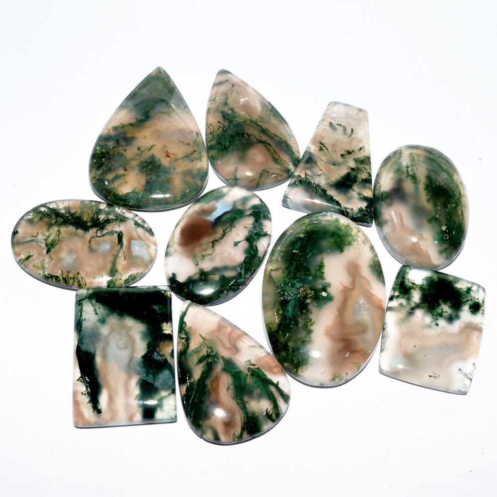 Image of 10 Pcs 285 Cts Natural Green Moss Agate Cabochon Loose Gemstone Healing Crystal Craft Supplies For Silver Jewelry 35x24 23x18mm #16677
