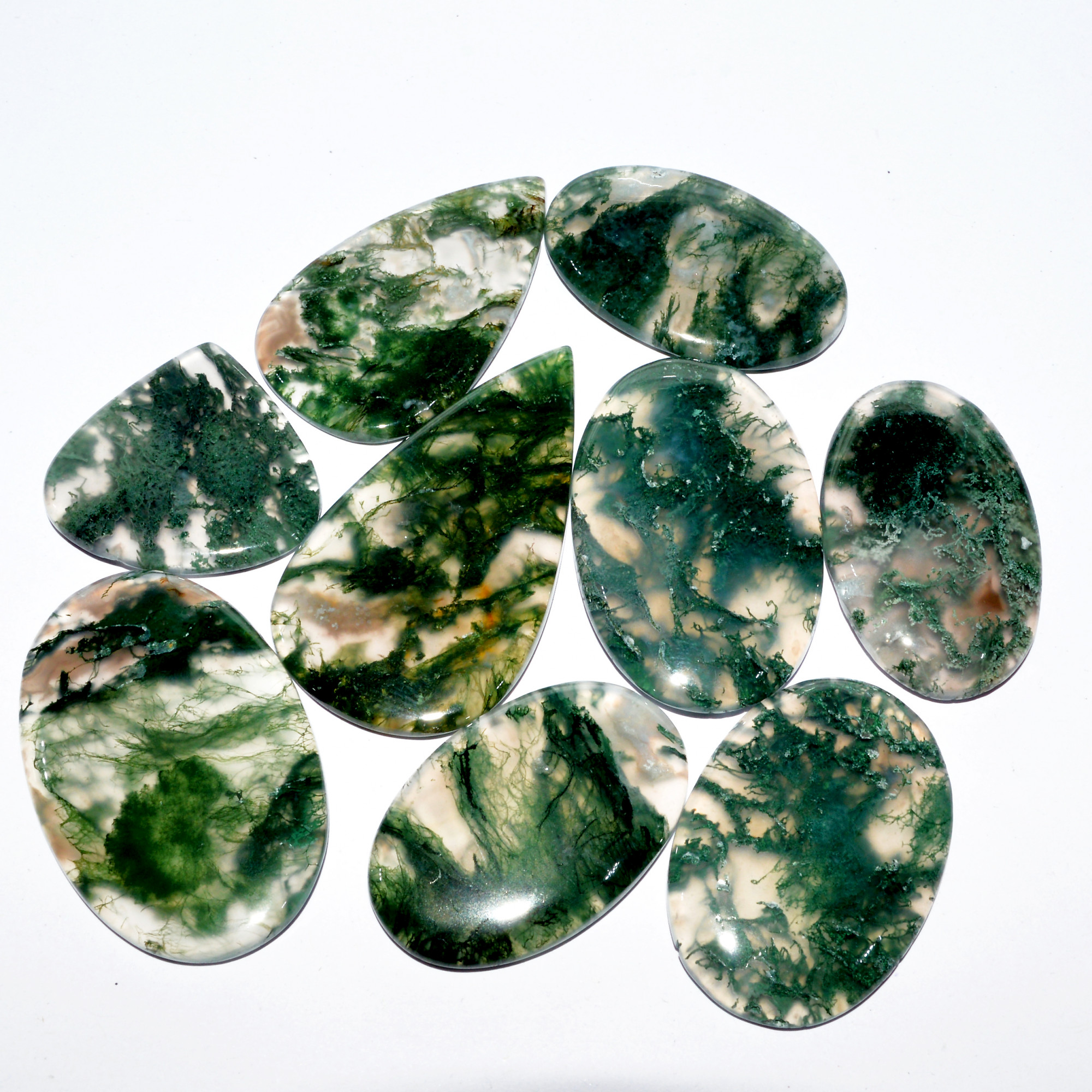 9 Pcs 288 Cts Natural Green Moss Agate Cabochon Loose Gemstone Healing Crystal Craft Supplies For Silver Jewelry 45x24 25x24mm 16678