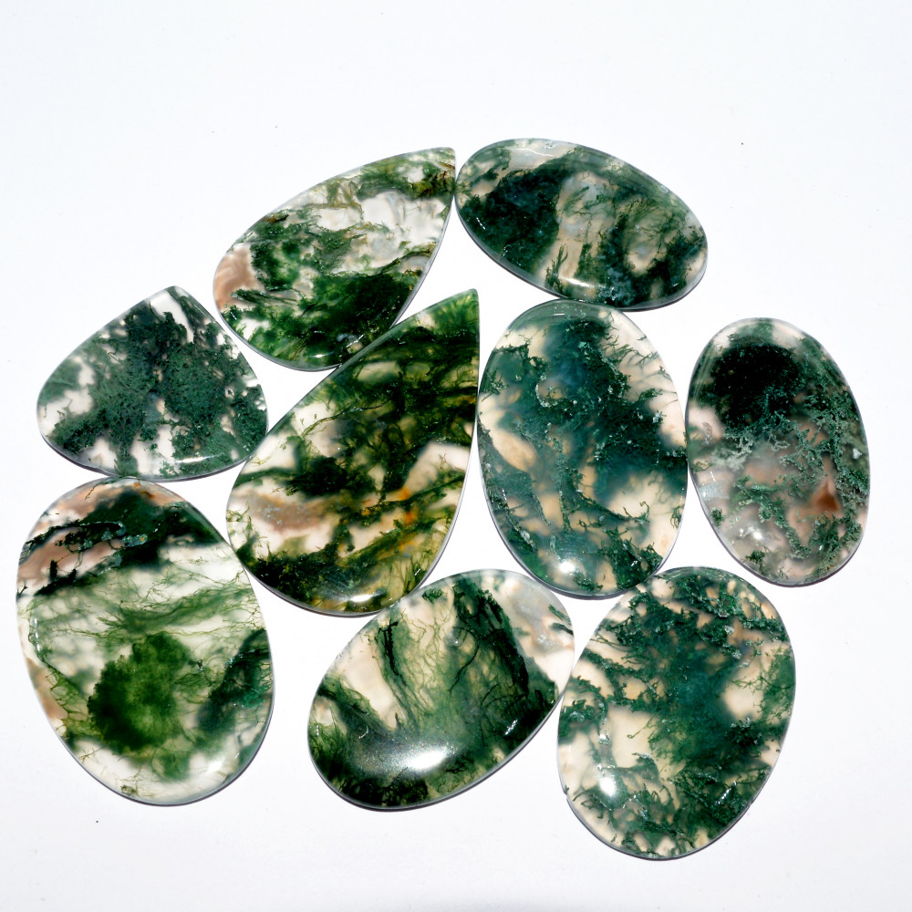Image of 9 Pcs 288 Cts Natural Green Moss Agate Cabochon Loose Gemstone Healing Crystal Craft Supplies For Silver Jewelry 45x24 25x24mm #16678