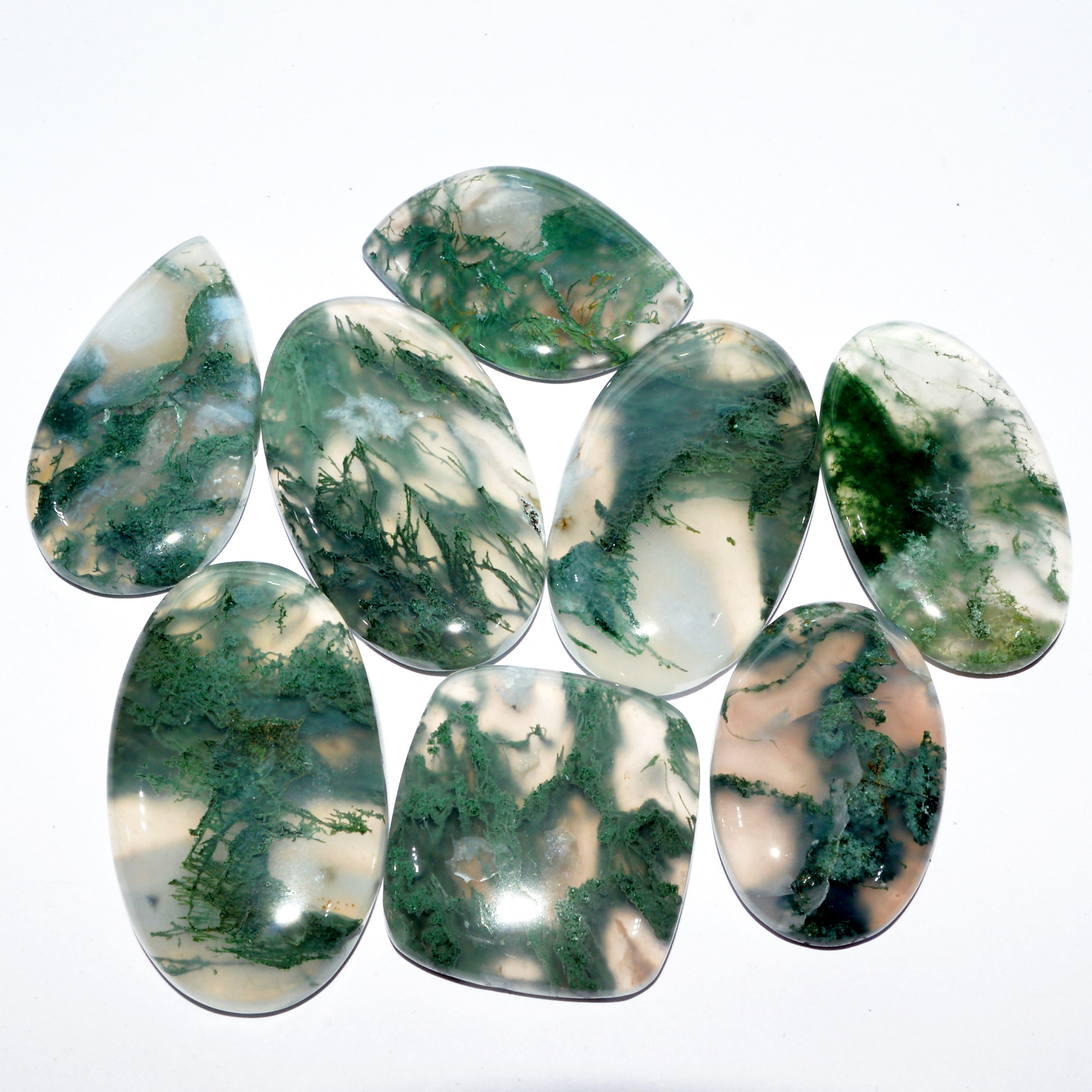8 Pcs 314 Cts Natural Green Moss Agate Cabochon Loose Gemstone Healing Crystal Craft Supplies For Silver Jewelry 38x22 25x24mm 16679