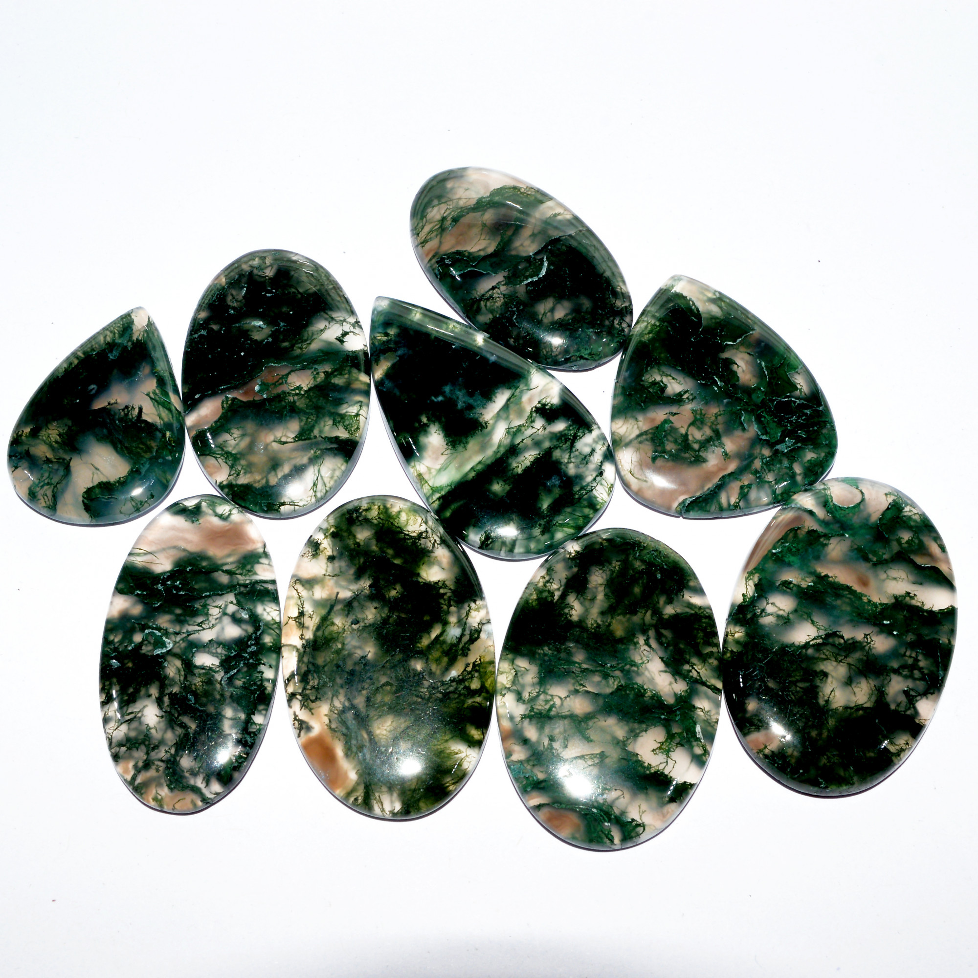 9 Pcs 338 Cts Natural Green Moss Agate Cabochon Loose Gemstone Healing Crystal Craft Supplies For Silver Jewelry 40x22 30x20mm 16680