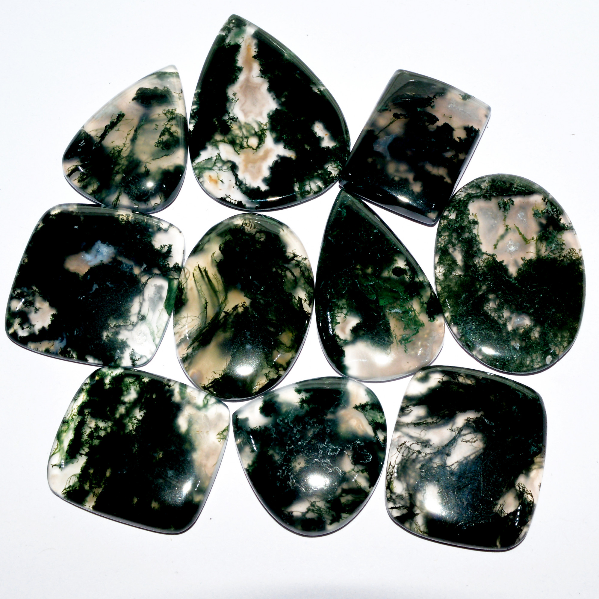 10 Pcs 326 Cts Natural Green Moss Agate Cabochon Loose Gemstone Healing Crystal Craft Supplies For Silver Jewelry 40x27 25x22mm 16681