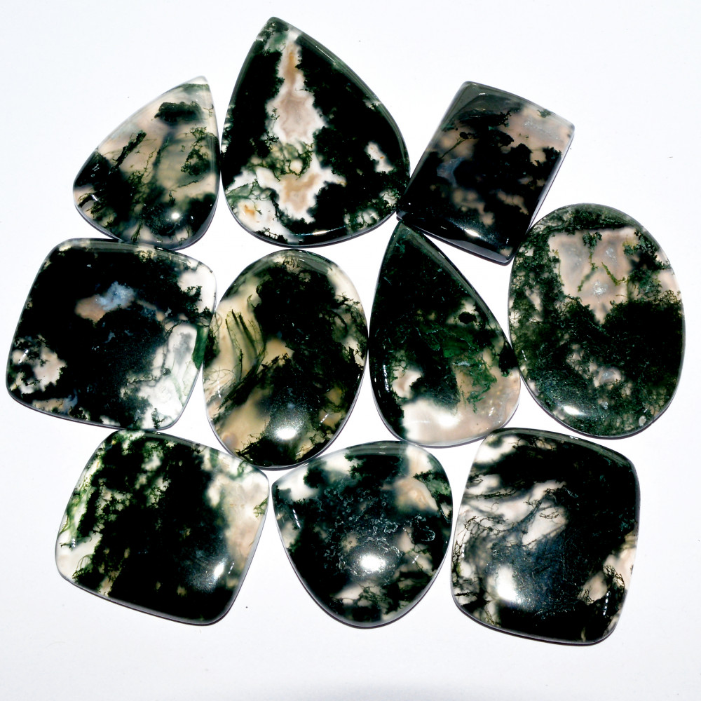 Image of 10 Pcs 326 Cts Natural Green Moss Agate Cabochon Loose Gemstone Healing Crystal Craft Supplies For Silver Jewelry 40x27 25x22mm #16681
