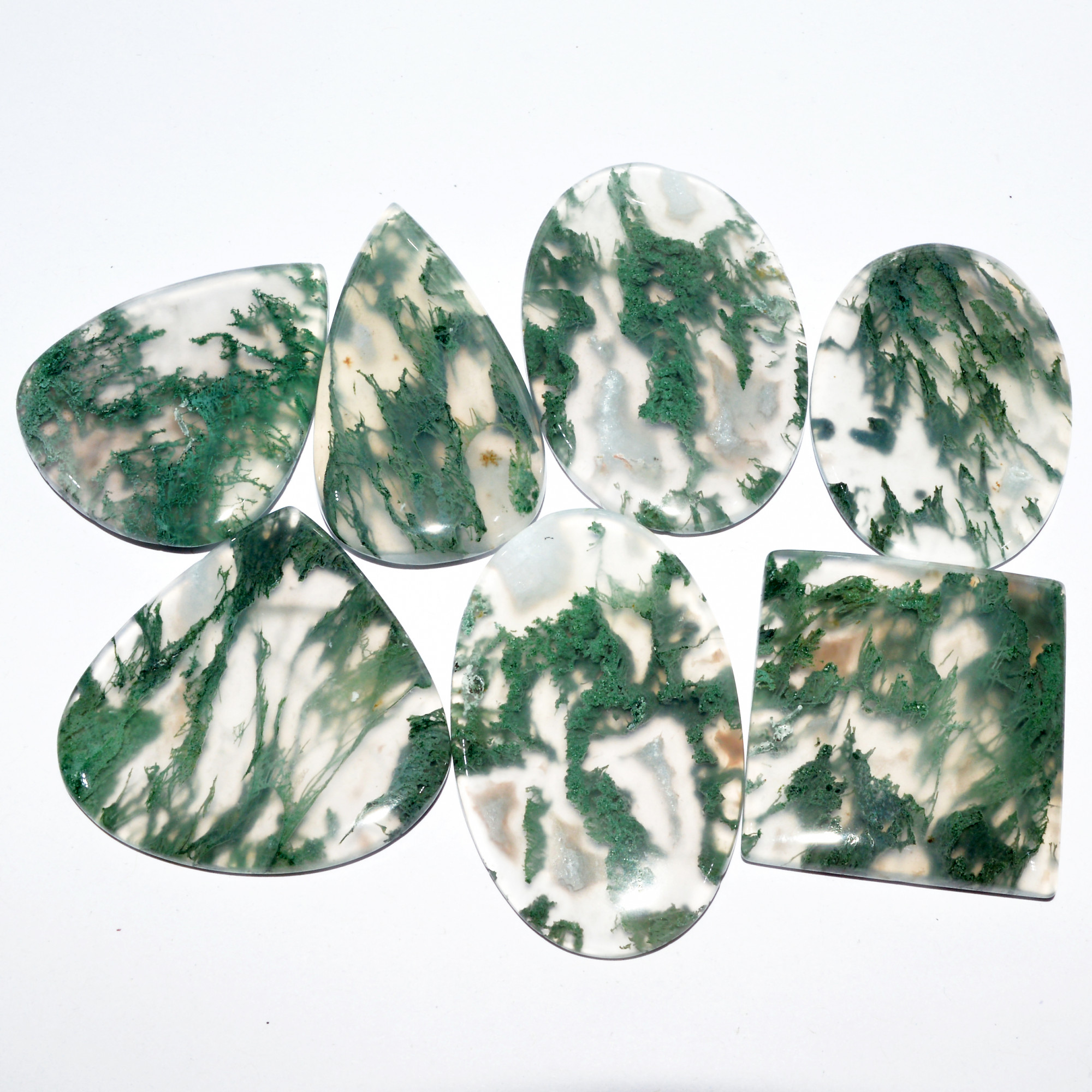 7 Pcs 315 Cts Natural Green Moss Agate Cabochon Loose Gemstone Healing Crystal Craft Supplies For Silver Jewelry 44x28 35x30mm 16682
