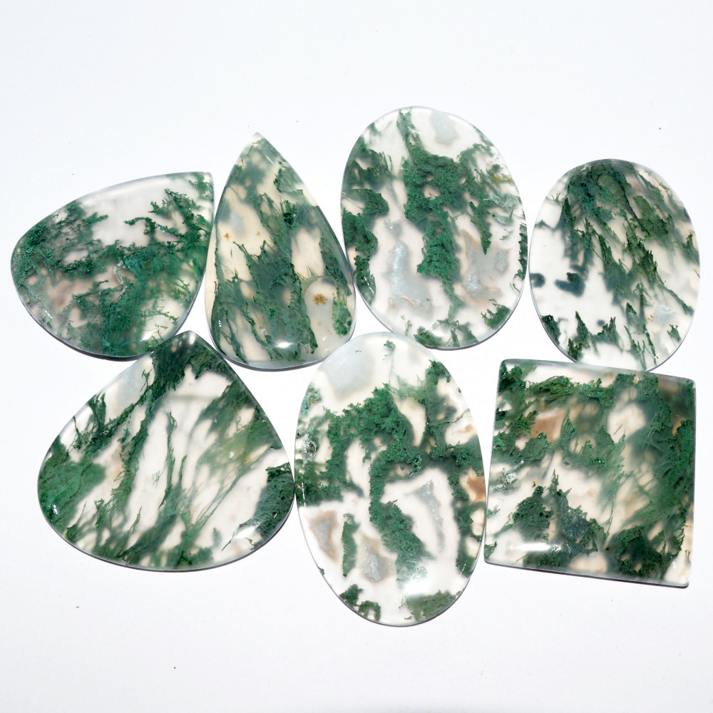 Image of 7 Pcs 315 Cts Natural Green Moss Agate Cabochon Loose Gemstone Healing Crystal Craft Supplies For Silver Jewelry 44x28 35x30mm #16682