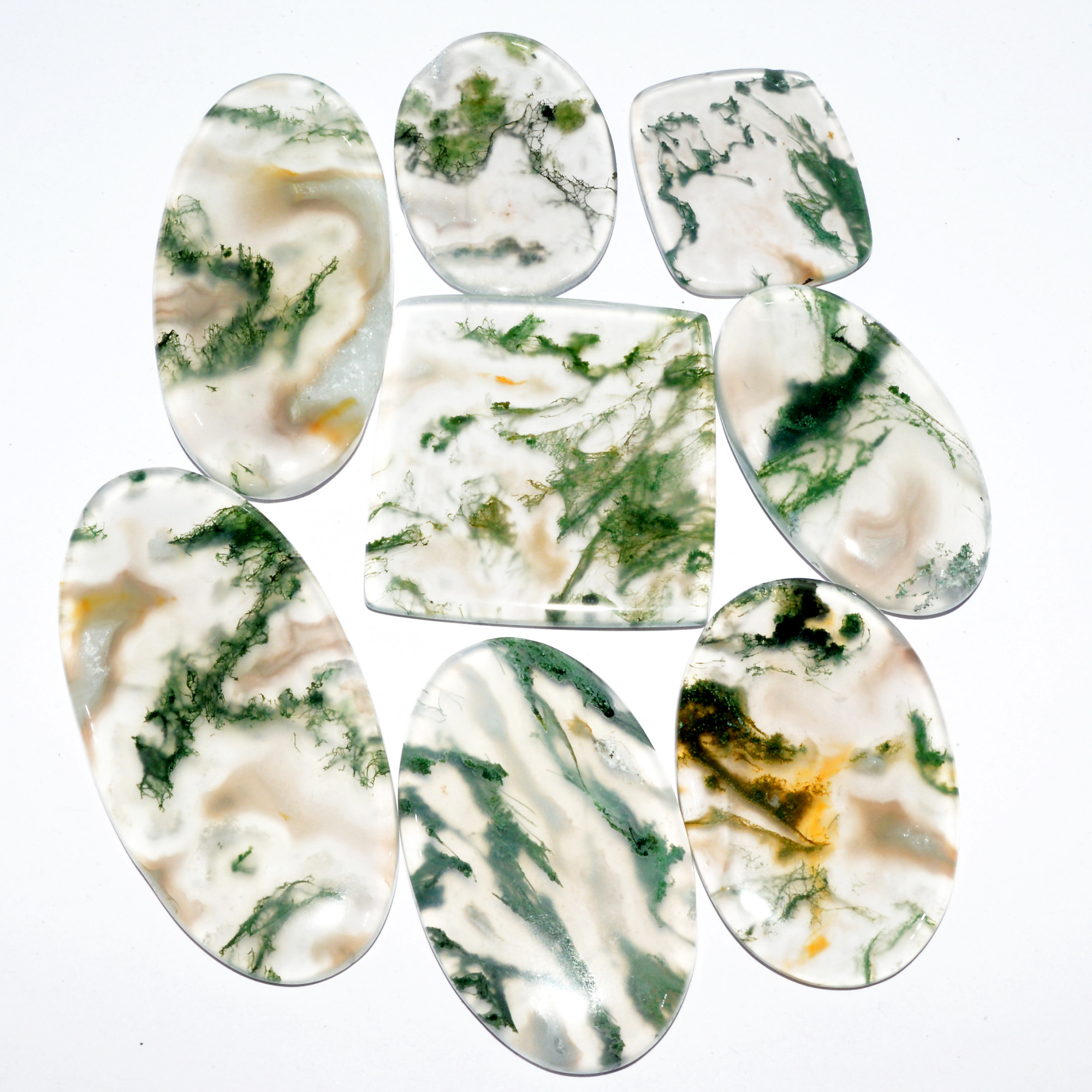 8 Pcs 271 Cts Natural Green Moss Agate Cabochon Loose Gemstone Healing Crystal Craft Supplies For Silver Jewelry 50x22 25x20mm 16683