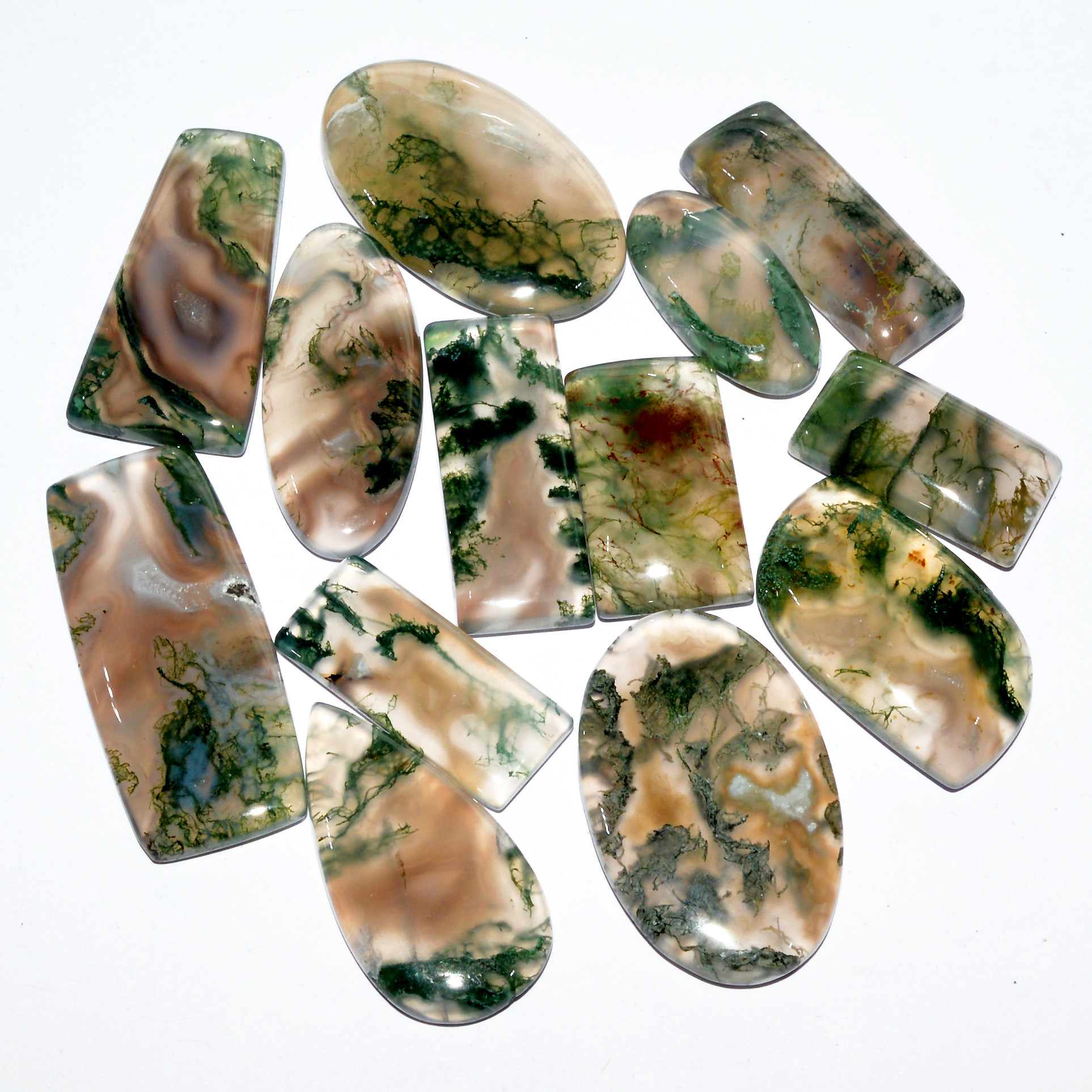 13 Pcs 234 Cts Natural Green Moss Agate Cabochon Loose Gemstone Healing Crystal Craft Supplies For Silver Jewelry 34x14 20x10mm 16684