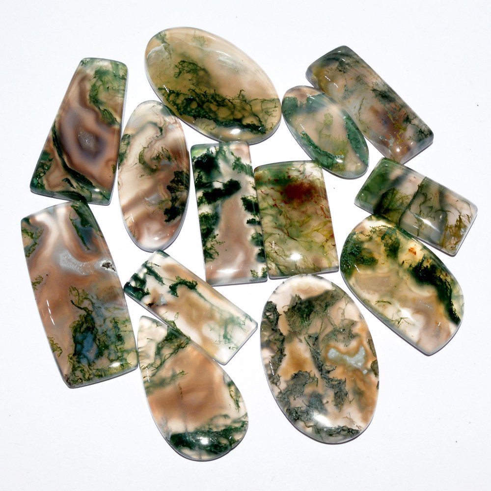 Image of 13 Pcs 234 Cts Natural Green Moss Agate Cabochon Loose Gemstone Healing Crystal Craft Supplies For Silver Jewelry 34x14 20x10mm #16684