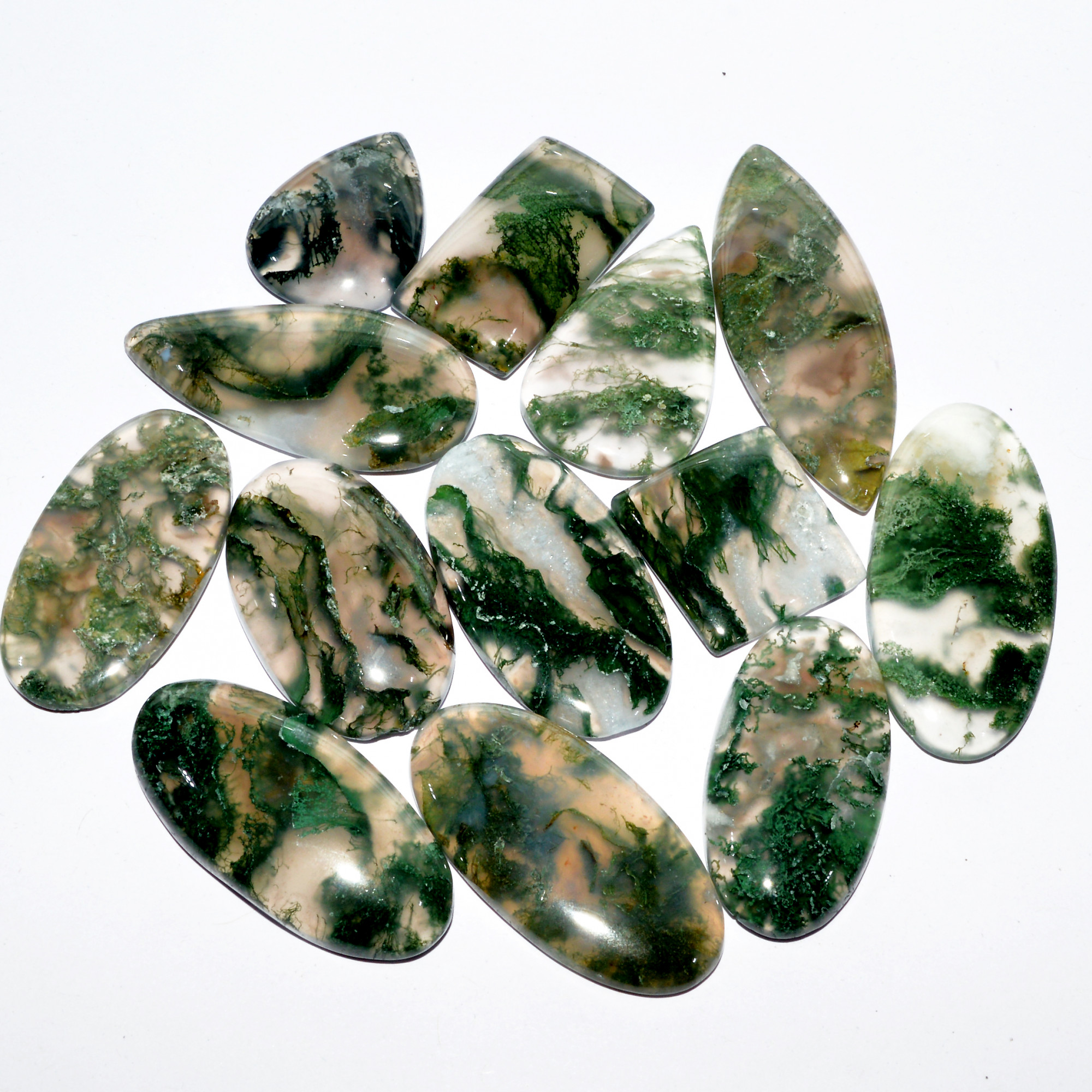 13 Pcs 336 Cts Natural Green Moss Agate Cabochon Loose Gemstone Healing Crystal Craft Supplies For Silver Jewelry 45x15 24x10mm 16685