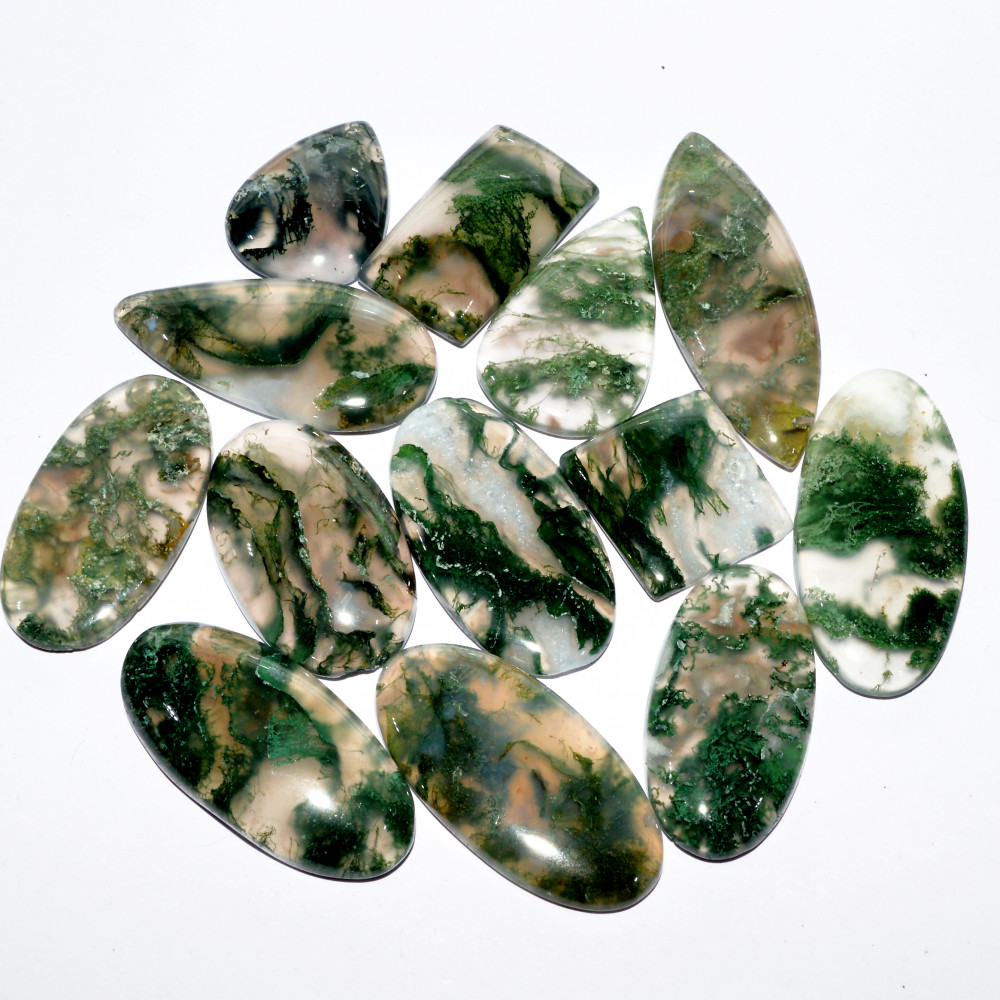 Image of 13 Pcs 336 Cts Natural Green Moss Agate Cabochon Loose Gemstone Healing Crystal Craft Supplies For Silver Jewelry 45x15 24x10mm #16685
