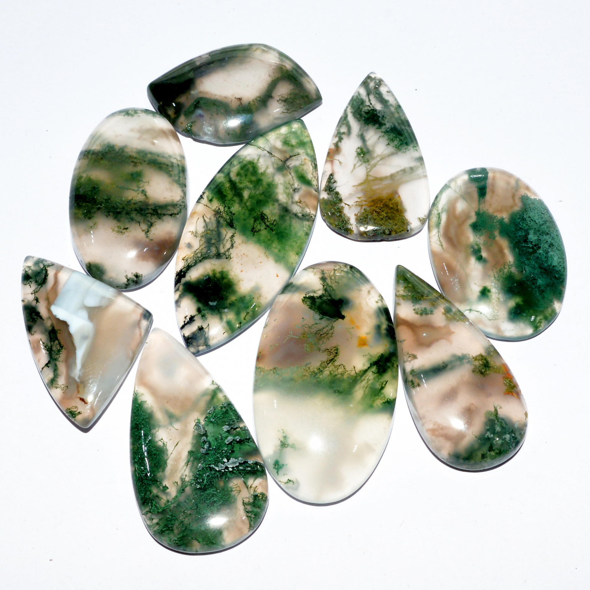 9 Pcs 264 Cts Natural Green Moss Agate Cabochon Loose Gemstone Healing Crystal Craft Supplies For Silver Jewelry 44x18 30x15mm 16686