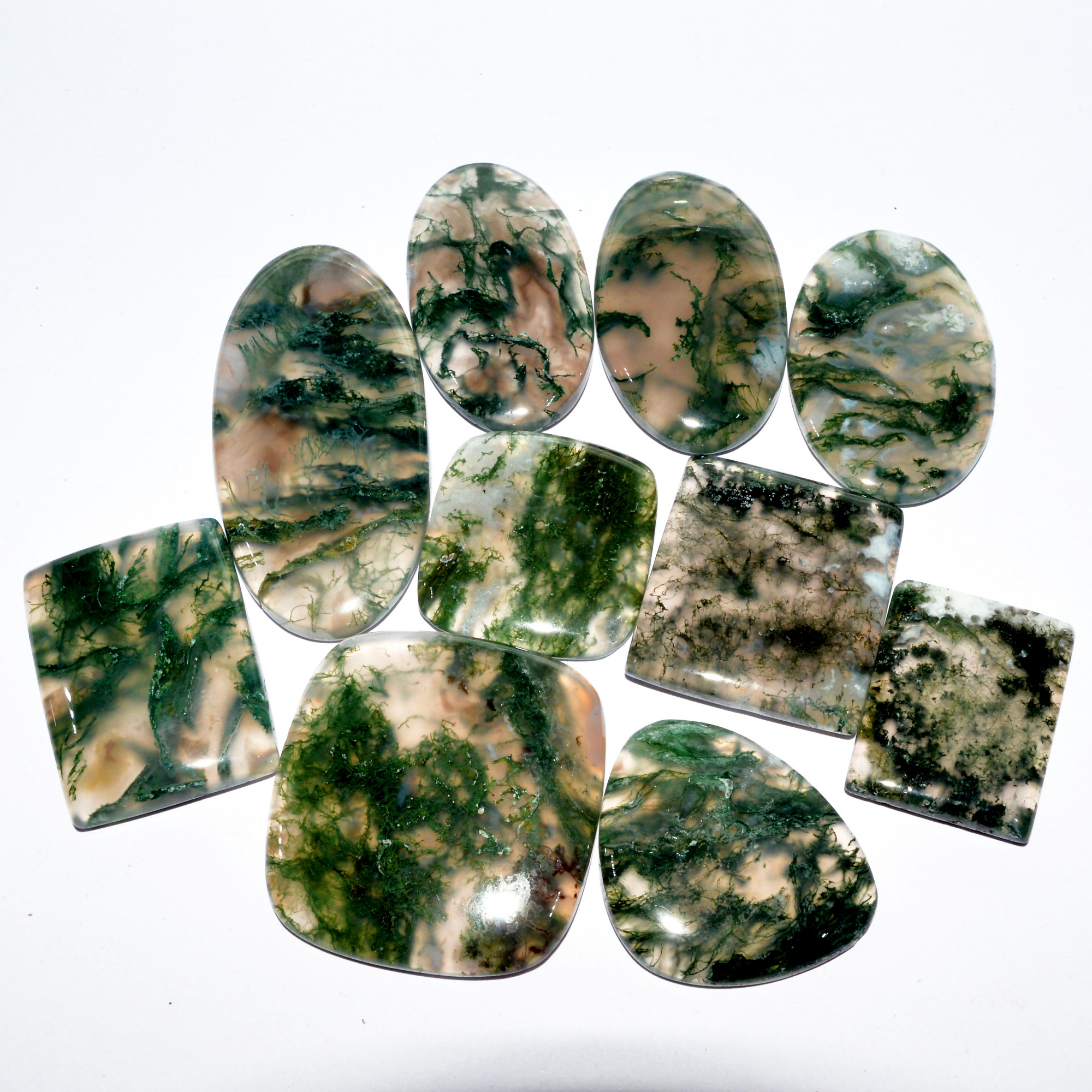 10 Pcs 336 Cts Natural Green Moss Agate Cabochon Loose Gemstone Healing Crystal Craft Supplies For Silver Jewelry 32x30 23x18mm 16687