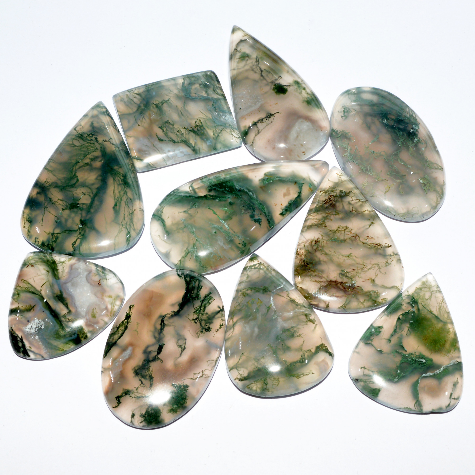 10 Pcs 375 Cts Natural Green Moss Agate Cabochon Loose Gemstone Healing Crystal Craft Supplies For Silver Jewelry 40x25 24x22mm 16688
