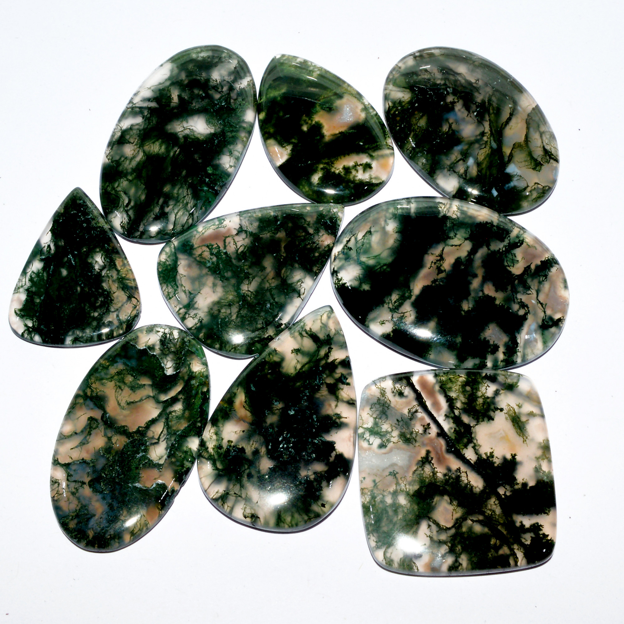 9 Pcs 315 Cts Natural Green Moss Agate Cabochon Loose Gemstone Healing Crystal Craft Supplies For Silver Jewelry 38x14 23x12mm 16689