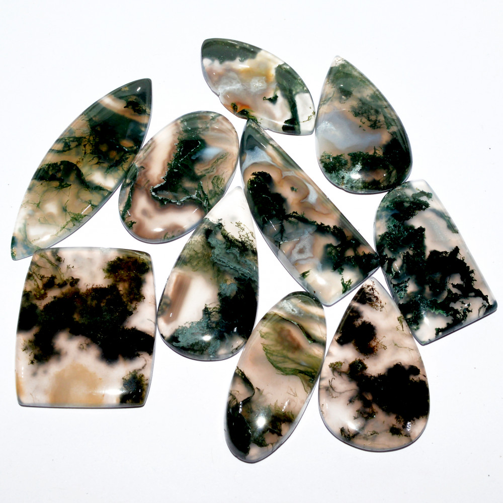 Image of 10 Pcs 274 Cts Natural Green Moss Agate Cabochon Loose Gemstone Healing Crystal Craft Supplies For Silver Jewelry 30x24 30x15mm #16690