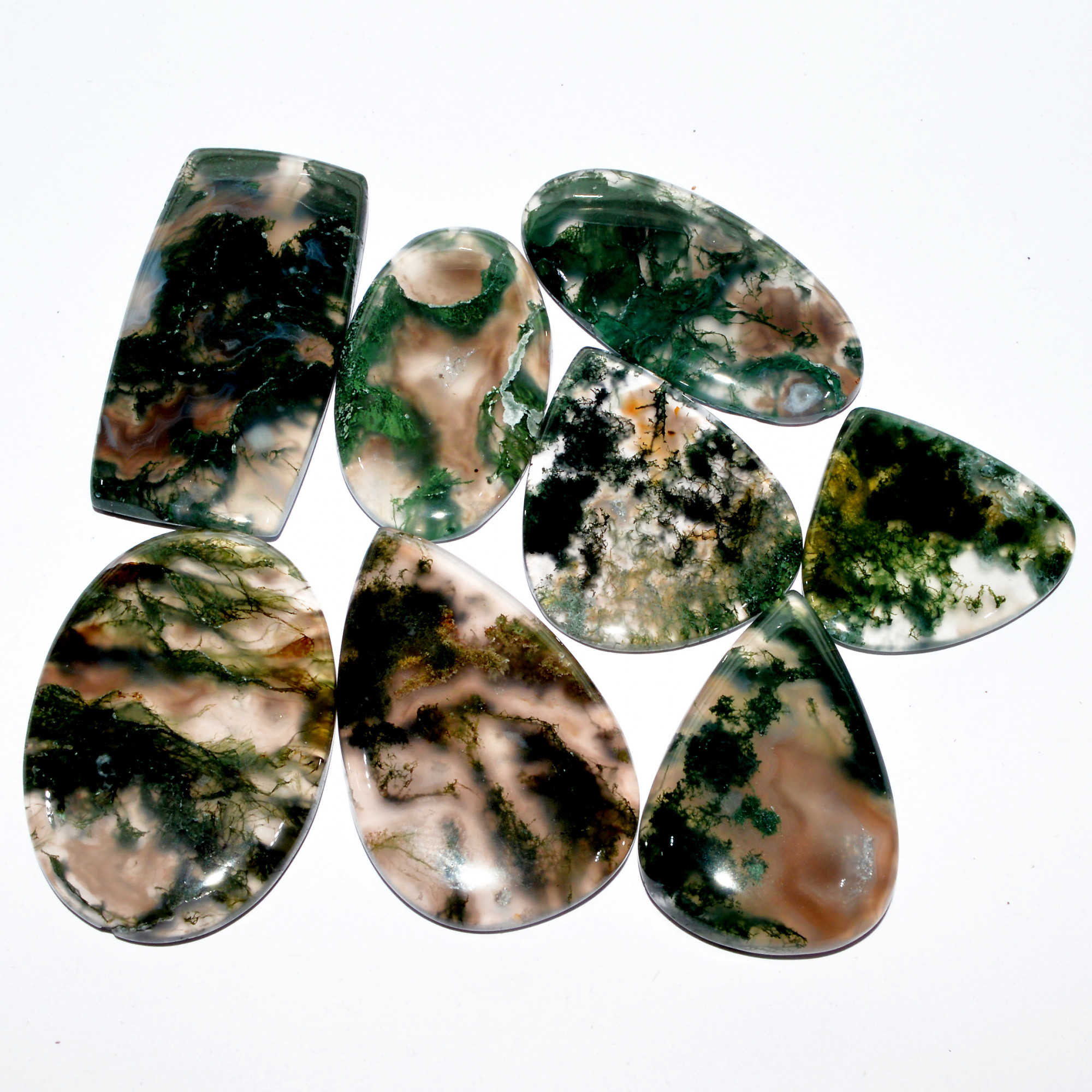 8 Pcs 274 Cts Natural Green Moss Agate Cabochon Loose Gemstone Healing Crystal Craft Supplies For Silver Jewelry 42x20 25x27mm 16691
