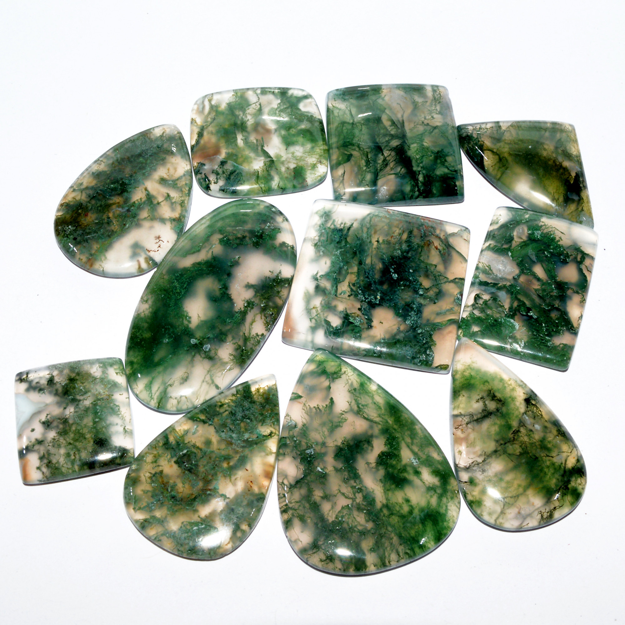 11 Pcs 328 Cts Natural Green Moss Agate Cabochon Loose Gemstone Healing Crystal Craft Supplies For Silver Jewelry 41x20 18x17mm 16692