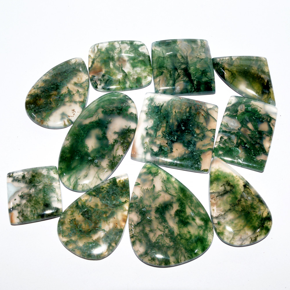 Image of 11 Pcs 328 Cts Natural Green Moss Agate Cabochon Loose Gemstone Healing Crystal Craft Supplies For Silver Jewelry 41x20 18x17mm #16692