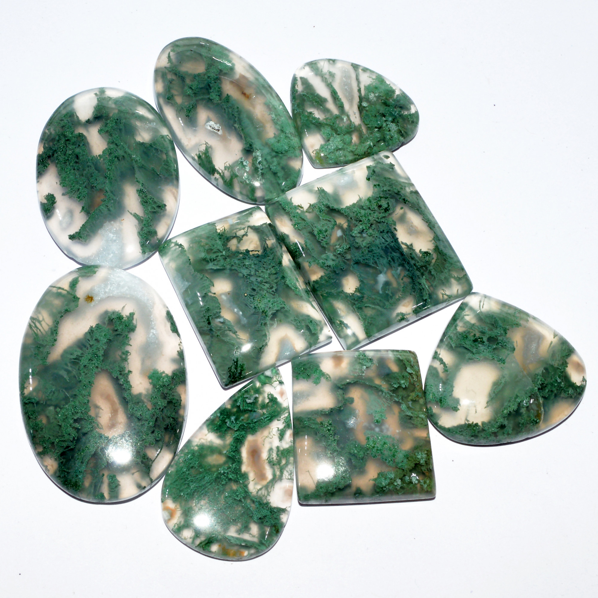 9 Pcs 357 Cts Natural Green Moss Agate Cabochon Loose Gemstone Healing Crystal Craft Supplies For Silver Jewelry 38x25 24x21mm 16693