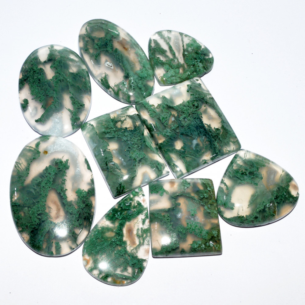 Image of 9 Pcs 357 Cts Natural Green Moss Agate Cabochon Loose Gemstone Healing Crystal Craft Supplies For Silver Jewelry 38x25 24x21mm #16693