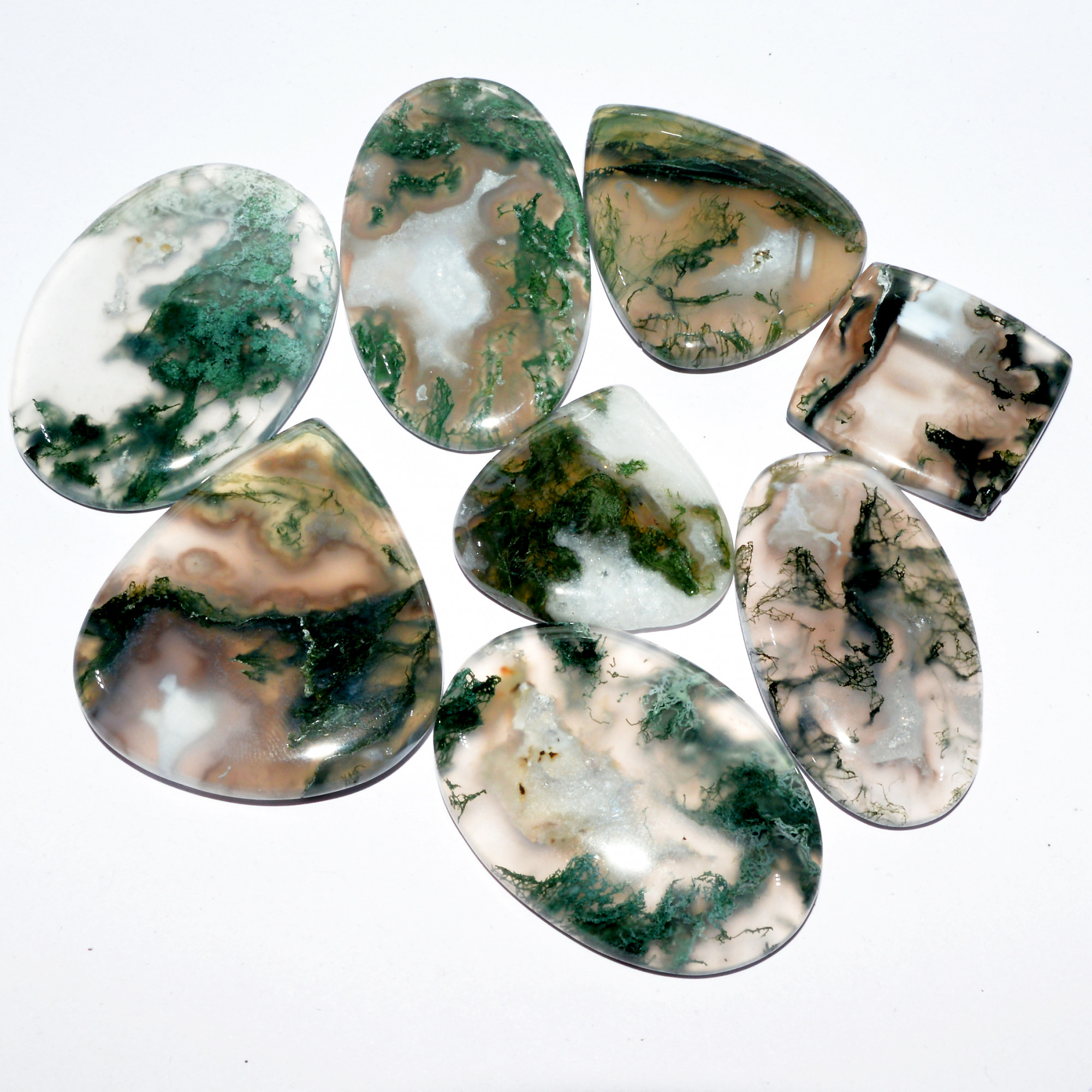 8 Pcs 320 Cts Natural Green Moss Agate Cabochon Loose Gemstone Healing Crystal Craft Supplies For Silver Jewelry 40x23 22x20mm 16694