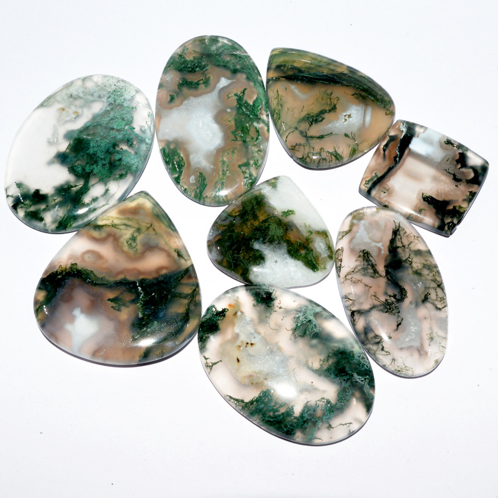 Image of 8 Pcs 320 Cts Natural Green Moss Agate Cabochon Loose Gemstone Healing Crystal Craft Supplies For Silver Jewelry 40x23 22x20mm #16694