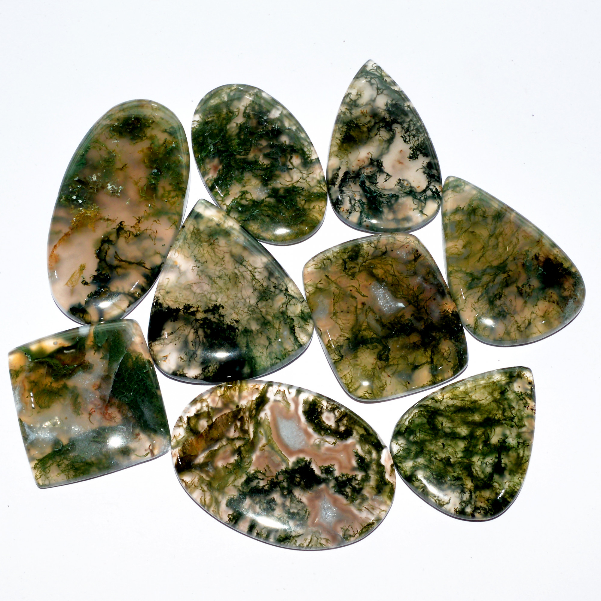 9 Pcs 279 Cts Natural Moss Agate Cabochon Loose Gemstone Lot Wire Wrap Pendant and Jewelry Handmade Gems Gift For Her 42x20 23x20mm 16698