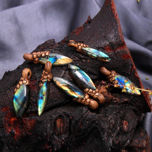 7 Pcs 297CTS Natural Labradorite Polymer Clay Pendent  Wholesale Lot Size 56x10 50x10 mm