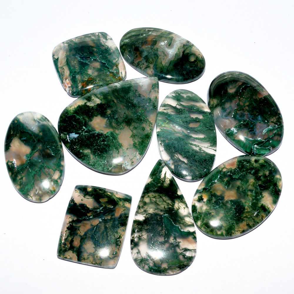 Image of 9 Pcs 383 Cts Natural Moss Agate Cabochon Loose Gemstone Lot Wire Wrap Pendant and Jewelry Handmade Gems Gift For Her 44x34 25x20mm #16700