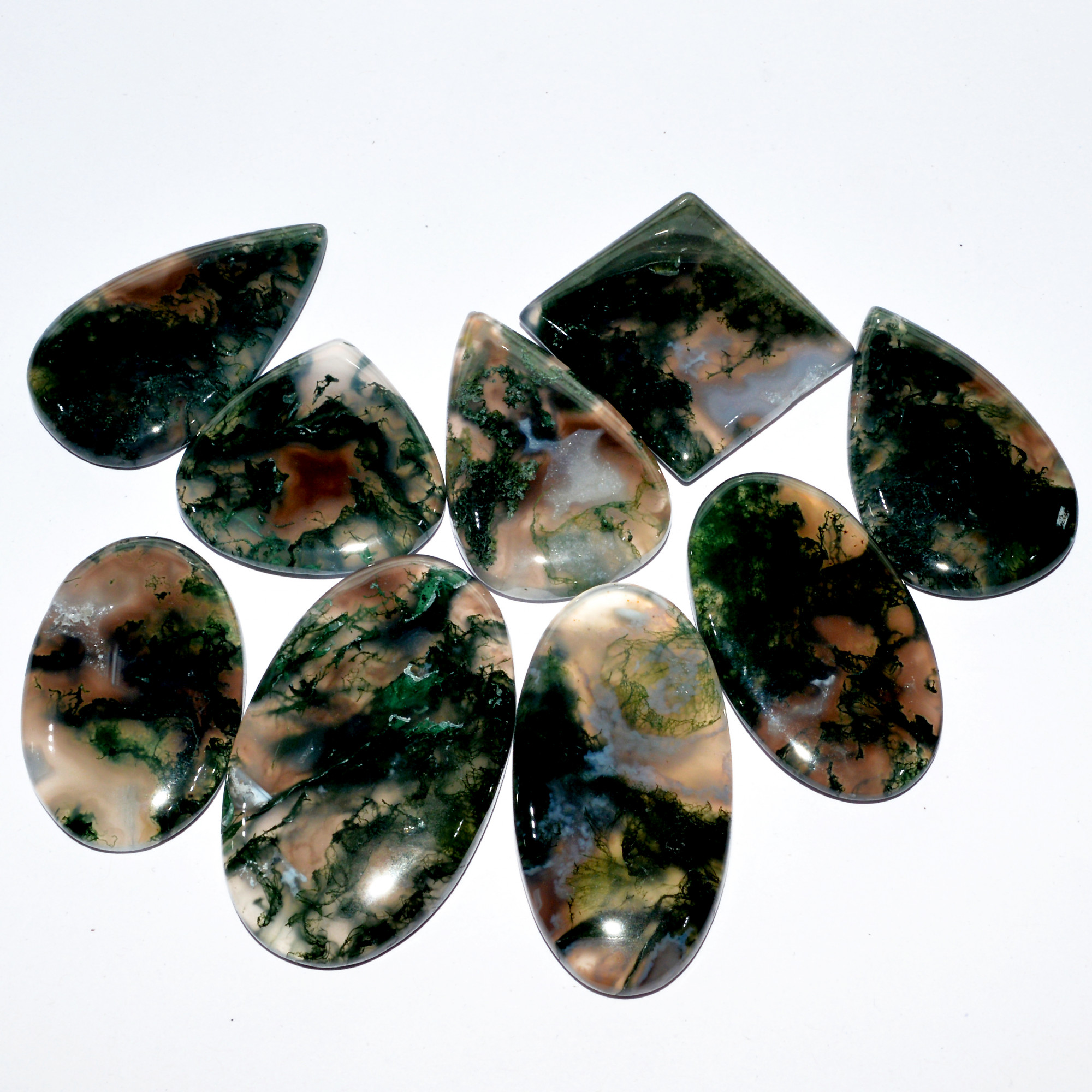 9 Pcs 362 Cts Natural Moss Agate Cabochon Loose Gemstone Lot Wire Wrap Pendant and Jewelry Handmade Gems Gift For Her 43x25 27x27mm 16701