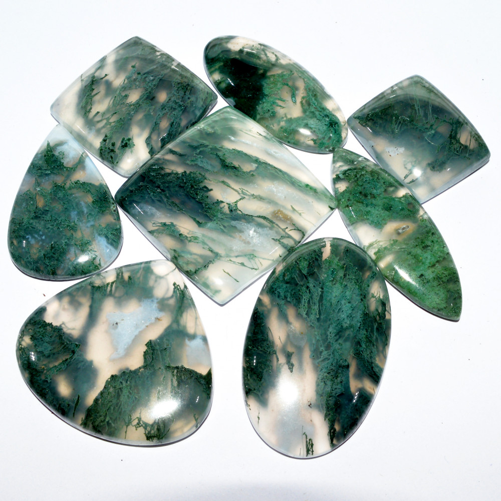 Image of 8 Pcs 465 Cts Natural Moss Agate Cabochon Loose Gemstone Lot Wire Wrap Pendant and Jewelry Handmade Gems Gift For Her 35x35 25x20mm #16702