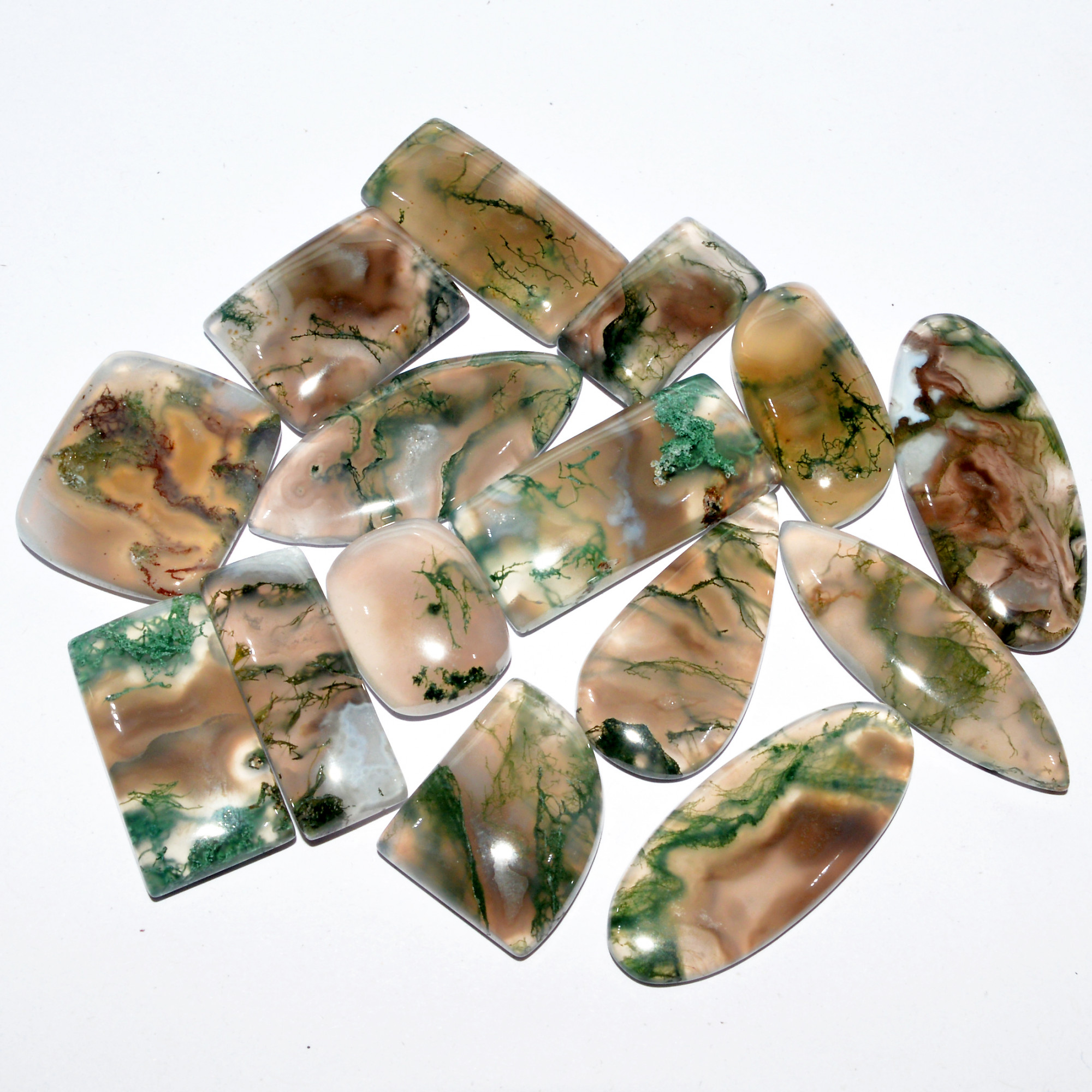 15 Pcs 237 Cts Natural Moss Agate Cabochon Loose Gemstone Lot Wire Wrap Pendant and Jewelry Handmade Gems Gift For Her 31x14 15x10mm 16703