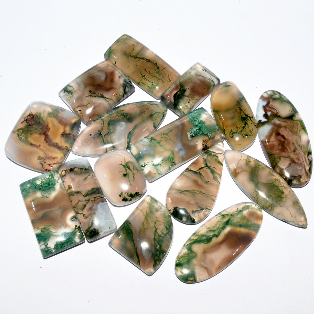 Image of 15 Pcs 237 Cts Natural Moss Agate Cabochon Loose Gemstone Lot Wire Wrap Pendant and Jewelry Handmade Gems Gift For Her 31x14 15x10mm #16703