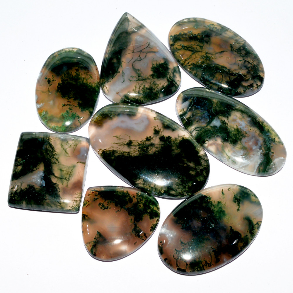Image of 8 Pcs 285 Cts Natural Moss Agate Cabochon Loose Gemstone Lot Wire Wrap Pendant and Jewelry Handmade Gems Gift For Her 40x24 23x23mm #16704