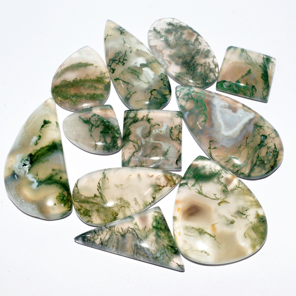 Image of 11 Pcs 294 Cts Natural Moss Agate Cabochon Loose Gemstone Lot Wire Wrap Pendant and Jewelry Handmade Gems Gift For Her 40x20 16x16mm #16705