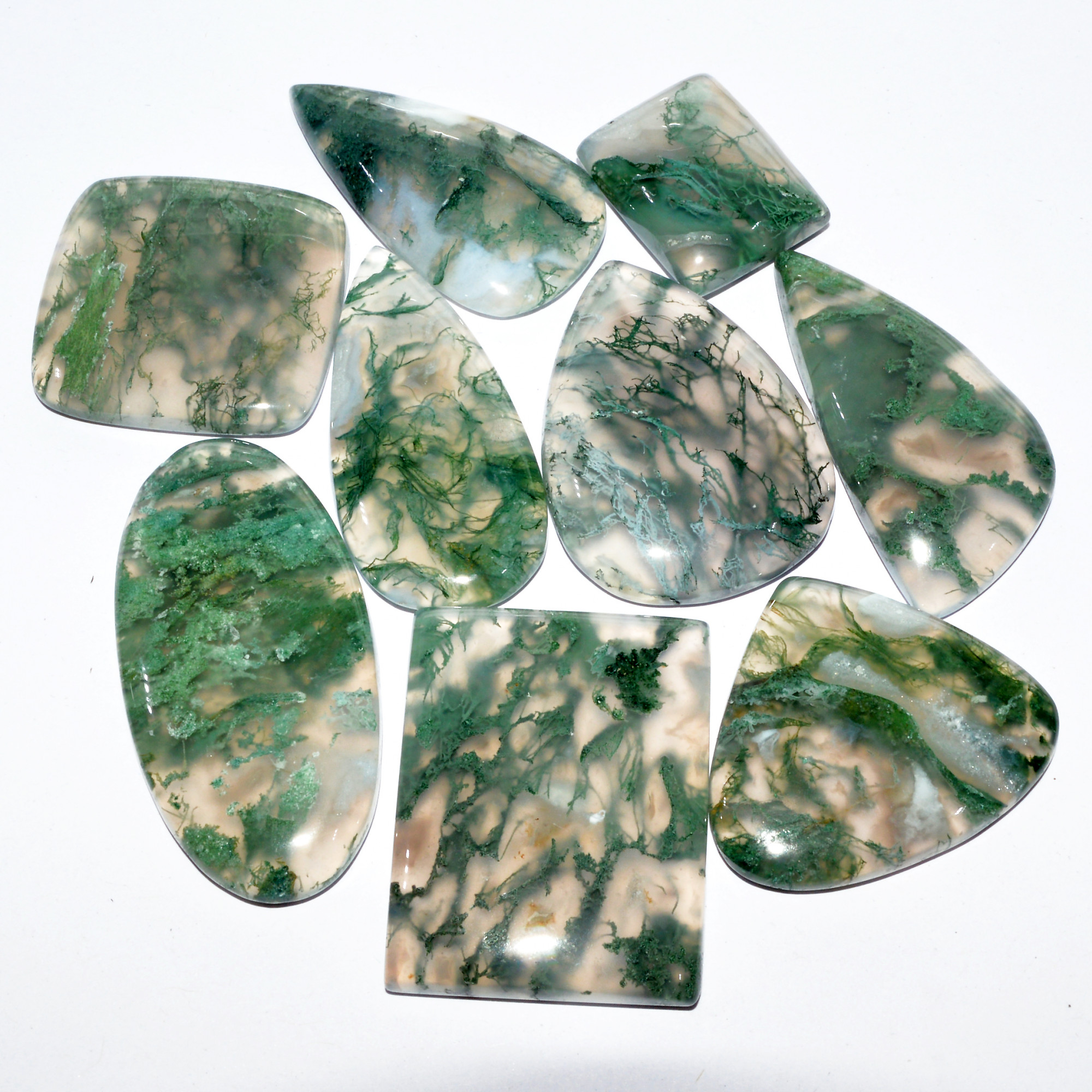 9 Pcs 351 Cts Natural Moss Agate Cabochon Loose Gemstone Lot Wire Wrap Pendant and Jewelry Handmade Gems Gift For Her 44x20 20x15mm 16706