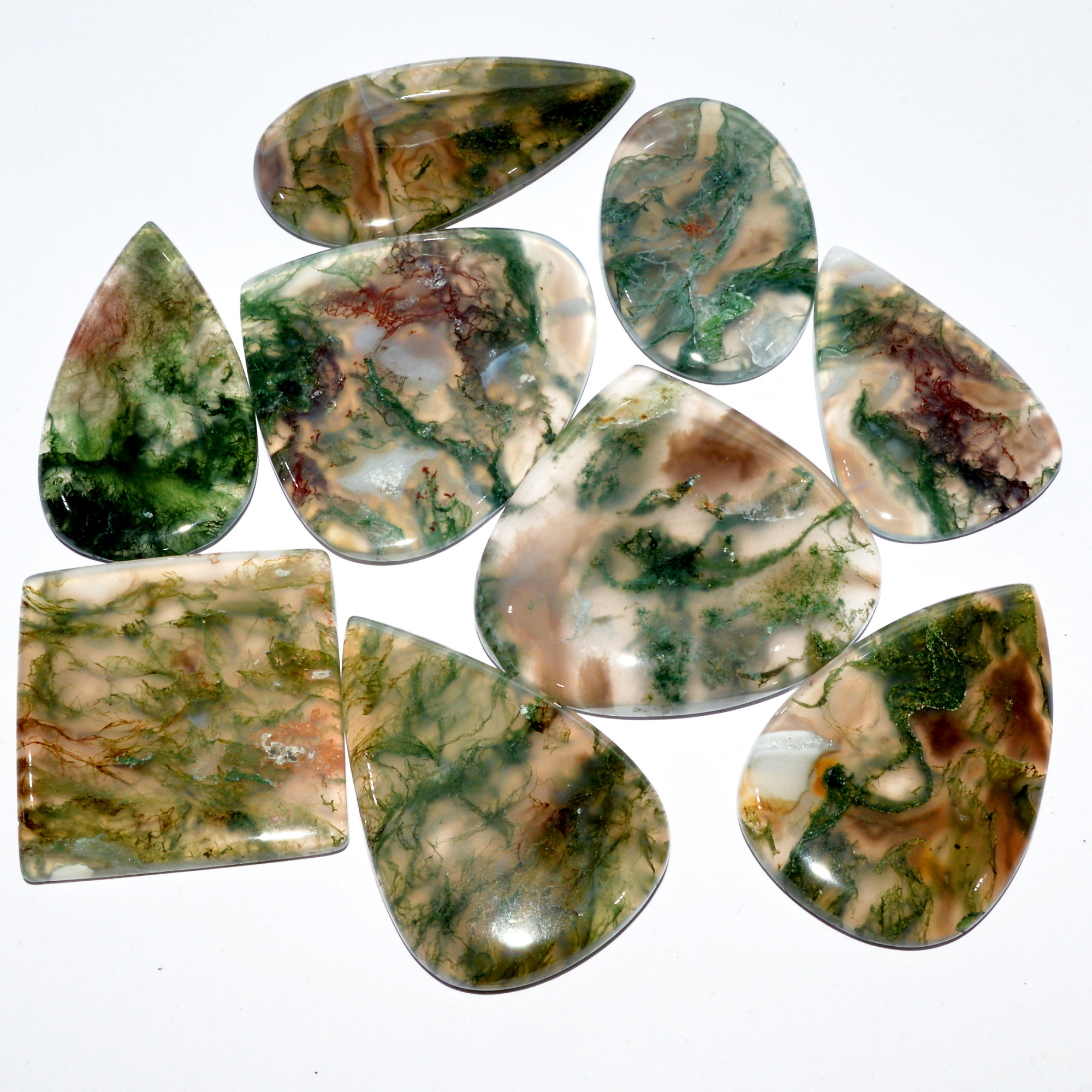 9 Pcs 334 Cts Natural Moss Agate Cabochon Loose Gemstone Lot Wire Wrap Pendant and Jewelry Handmade Gems Gift For Her 35x37 33x20mm 16708