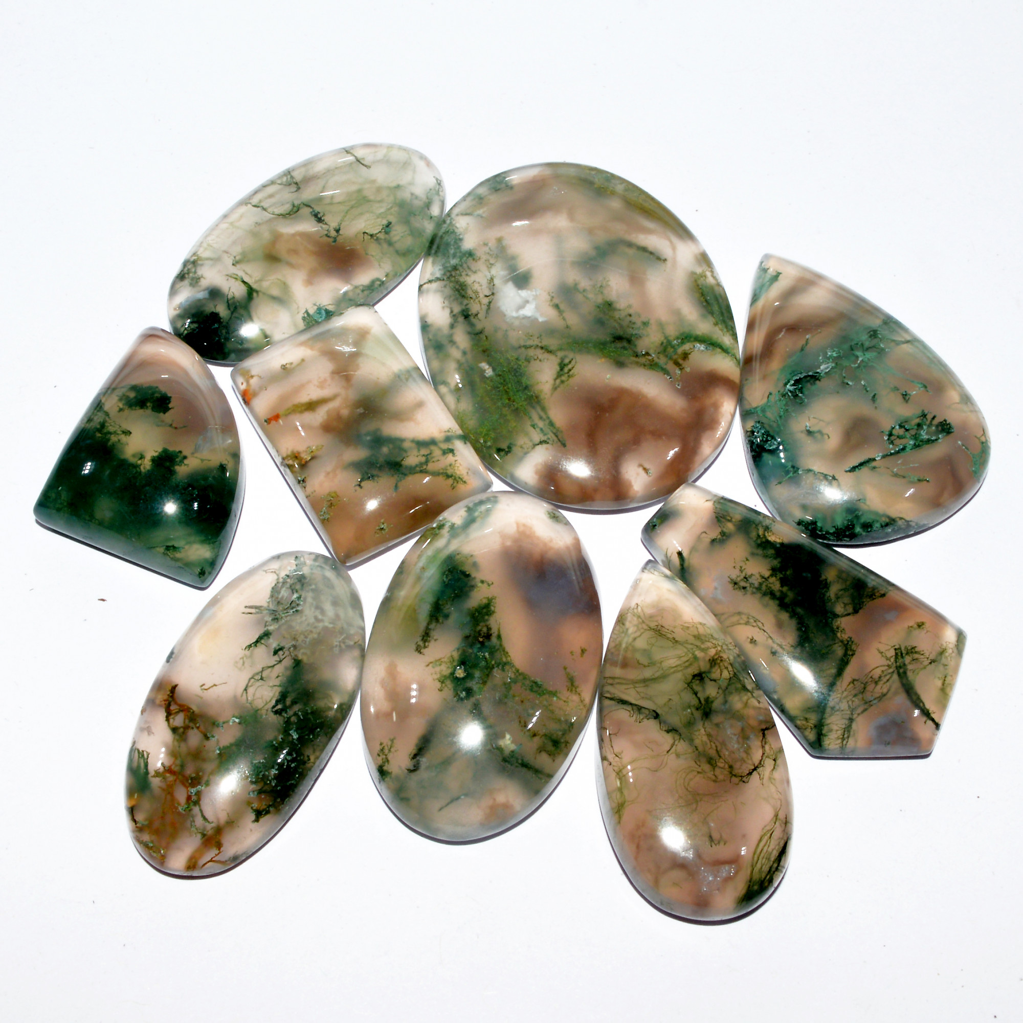 9 Pcs 353 Cts Natural Moss Agate Cabochon Loose Gemstone Lot Wire Wrap Pendant and Jewelry Handmade Gems Gift For Her 40x30 22x15mm 16709
