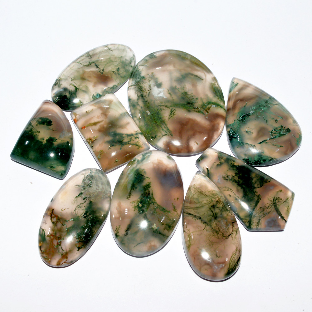 Image of 9 Pcs 353 Cts Natural Moss Agate Cabochon Loose Gemstone Lot Wire Wrap Pendant and Jewelry Handmade Gems Gift For Her 40x30 22x15mm #16709