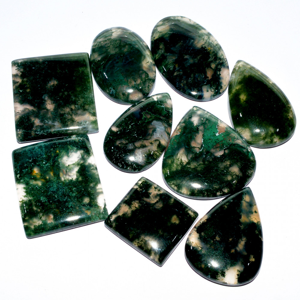 Image of 9 Pcs 290 Cts Natural Moss Agate Cabochon Loose Gemstone Lot Wire Wrap Pendant and Jewelry Handmade Gems Gift For Her 29x25 20x18mm #16715