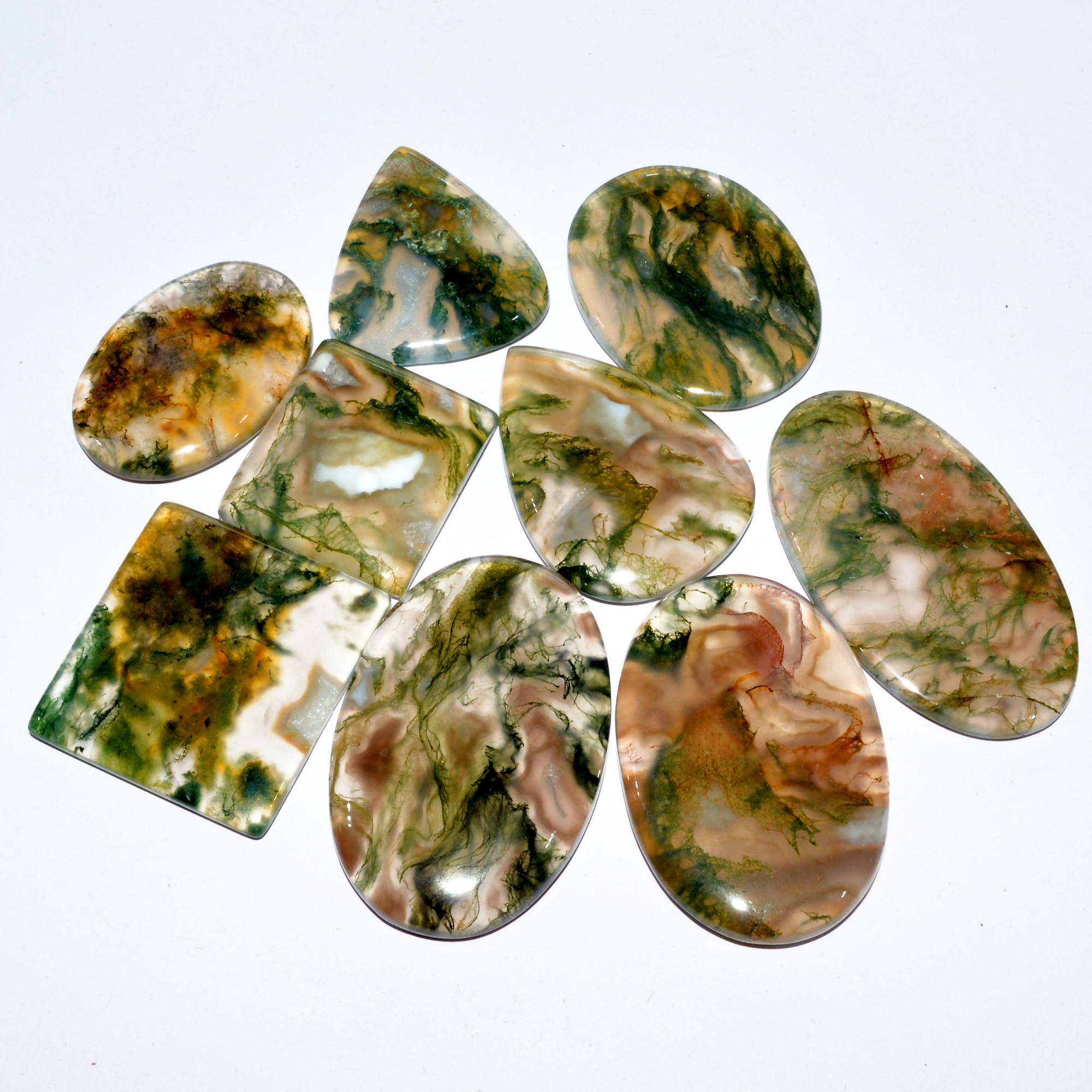 9 Pcs 273 Cts Natural Moss Agate Cabochon Loose Gemstone Lot Wire Wrap Pendant and Jewelry Handmade Gems Gift For Her 40x22 22x20mm 16716