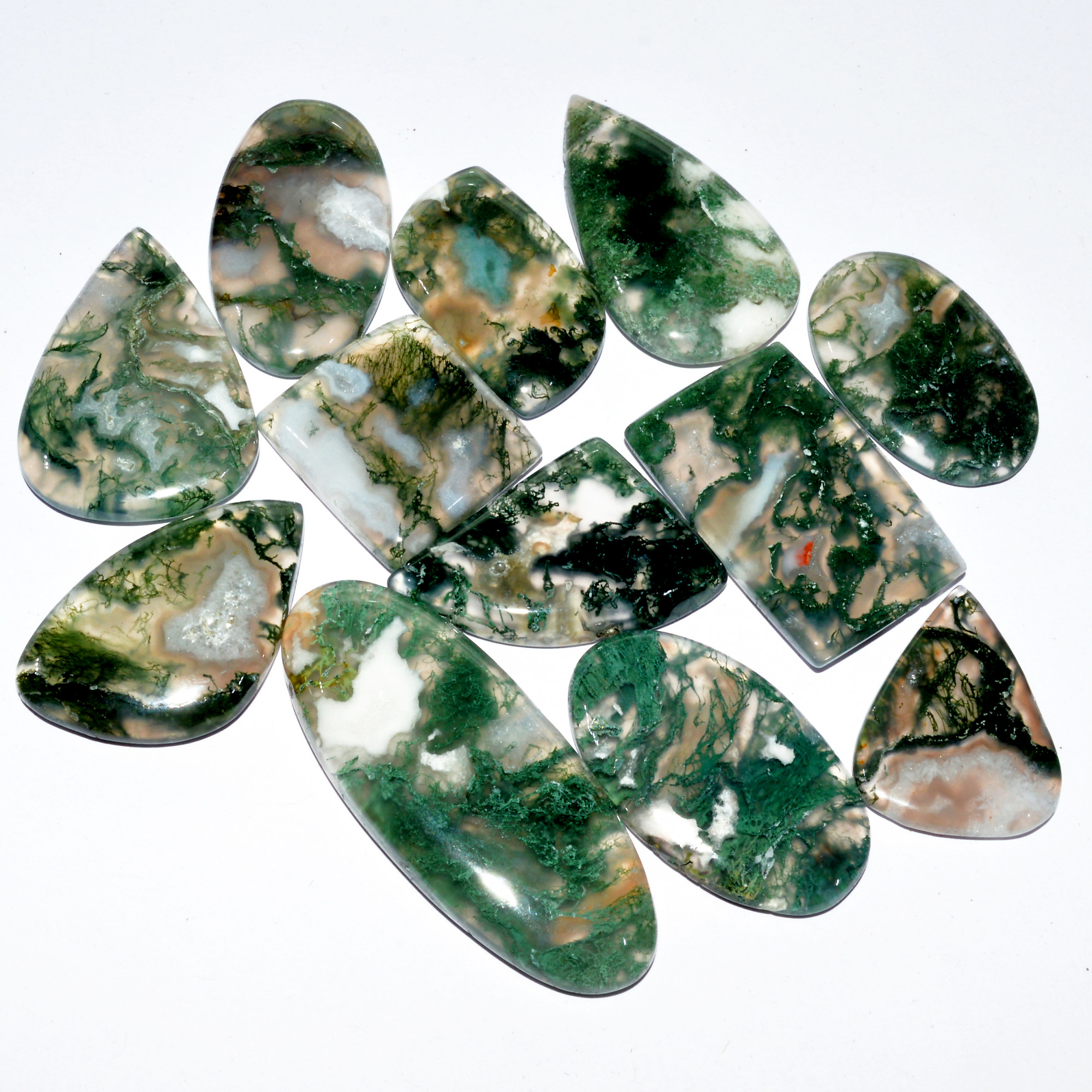 12 Pcs 256 Cts Natural Moss Agate Cabochon Loose Gemstone Lot Wire Wrap Pendant and Jewelry Handmade Gems Gift For Her 44x15 20x18mm 16717